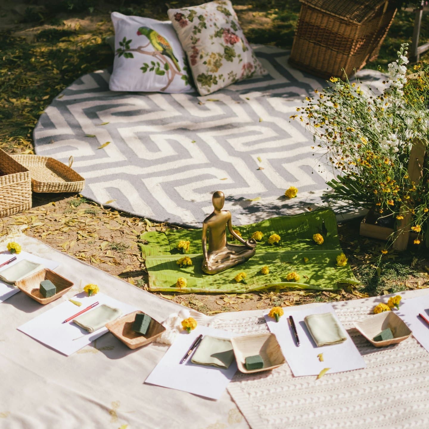 Stazioni per workshop sul benessere con materiali artistici e una statua per la meditazione.